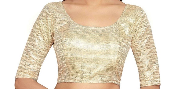 Golden Art Silk Elbow Length Lace Sleeves New Indian Designer Readymade Blouse For Women Wedding Wear Saree Choli Top Tunic SariBlouse