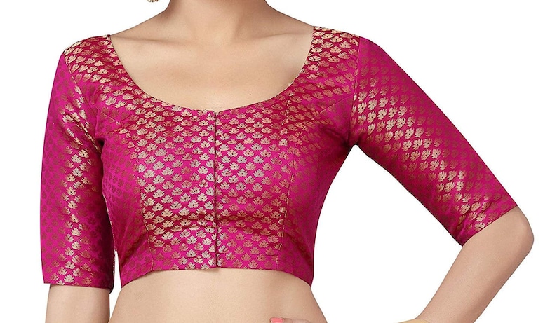 Golden Art Silk Elbow Length Lace Sleeves New Indian Designer Readymade Blouse For Women Wedding Wear Saree Choli Top Tunic SariBlouse