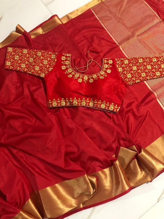 Zari Pallu Indian Designer Wedding Wear Linen Silk Fabric Saree Ethnic Wear I-20