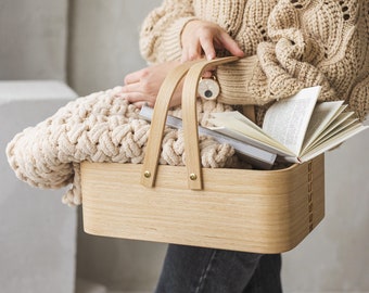 Oak Plywood Basket with Handles, Hygge Home Decor, Housewarming Gift