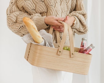 Hygge home interior decorative basket gift, New home gift ideas, Housewarming storage gifts, Rectangle light wooden baskets with handles