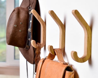 Set of 2 Oak Wood Mounted Single Wall Hooks for Storage Organisation in Scandi Style