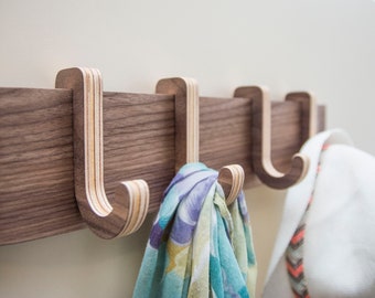 Wooden rack with sliding hooks, Coat and hat rack with removable hooks, Entryway rack