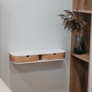 Cajón de estante de mesita de noche de madera flotante individual blanco, Mesita de noche de pared flotante, Cajón de consola de madera junto a la cama minimalista imagen 1