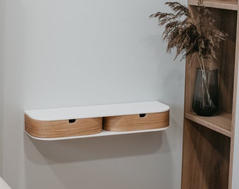 Cassetto singolo per mensola comodino bianco sospeso in legno, comodino a parete sospeso, cassetto console minimalista in legno sul comodino