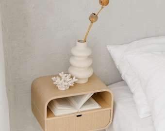 Floating Nightstand with Drawer, Minimalist Wall Mounted Oak Bedside Table, Scandinavian Shelf