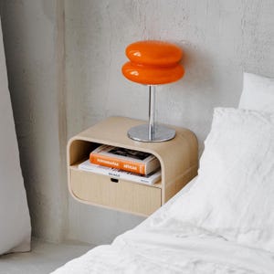 Bedroom minimalist wall mounted nightstand, Floating oak shelf console, Wooden bedside night table drawer