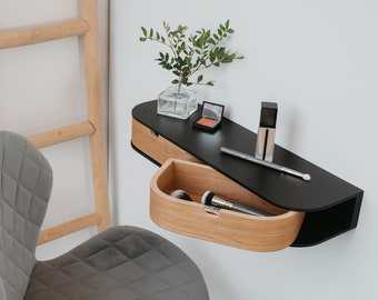 Floating wall make-up table, Women cosmetic console, Walk in wardrobe wall shelf, Wooden make up vanity, Mounted wall drawer shelves