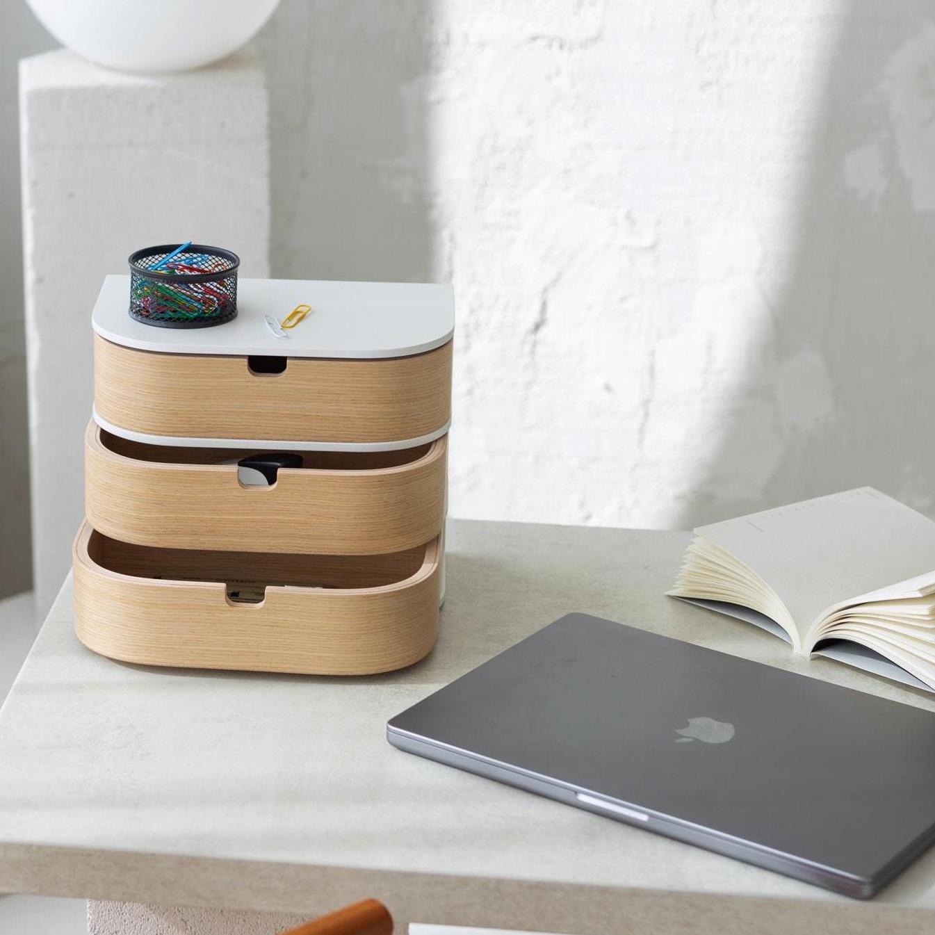 Houten bureau-organizer creatieve bureaulade opbergdoos bureau opbergrek met 3 laden en deuren, met de hand gepolijst