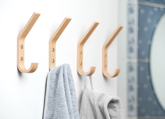 Set of 4 Wooden Mounted Single Wall Hooks for Storage Organisation in  Scandi Style 