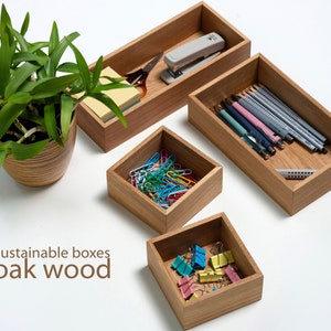 Sustainable Oak Wood Box Tray for Office Desk Drawer Organizer, Home Decor