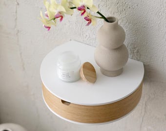 Floating Nightstand with Drawer, Rounded Wood Wall Shelf, Modern Bedside Table