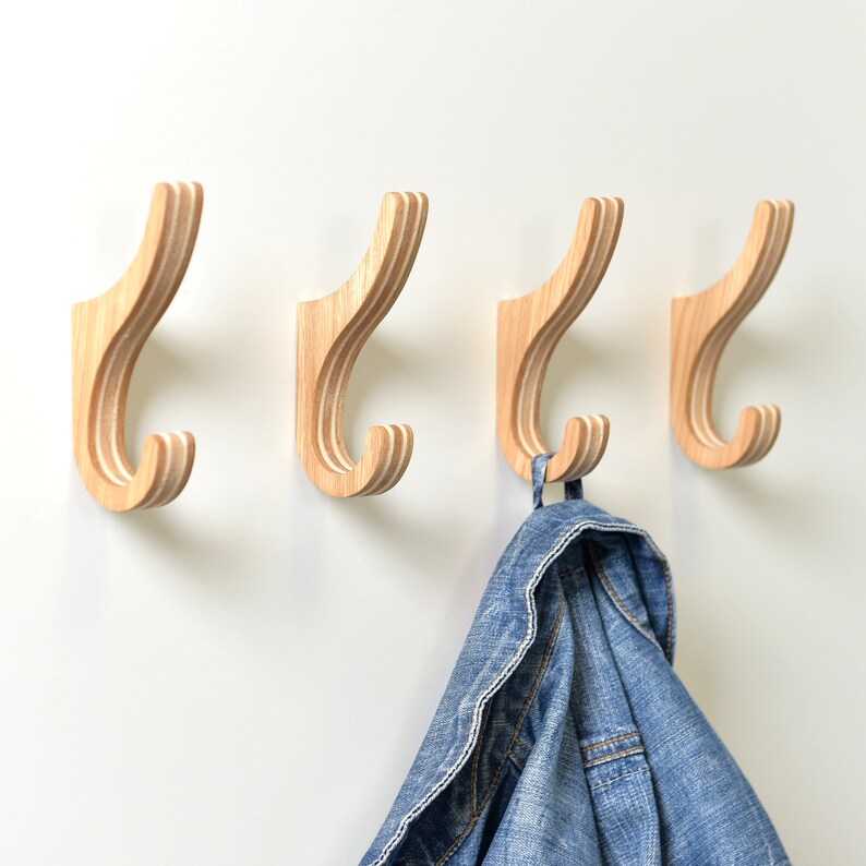 Set of 4 Wooden Mounted Wall Hooks Minimalist Sturdy Hallway Etsy