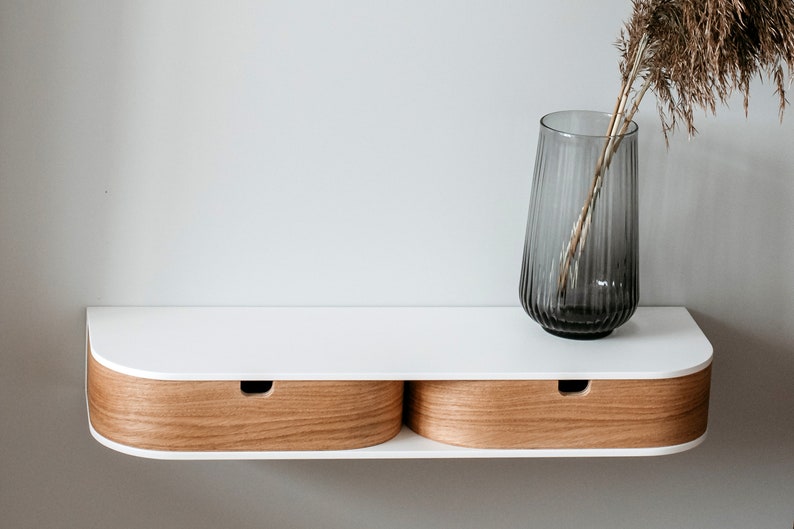 Cajón de consola de madera de cabecera minimalista, Cajón de estante de mesita de noche de madera flotante individual blanco, Mesita de noche de pared flotante imagen 2