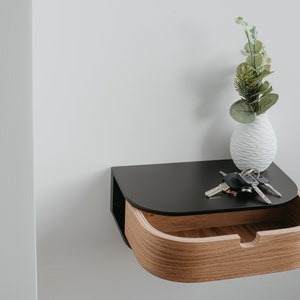 Väggmonterat nattduksbord, Retro flytande konsol i hall, Modern flytande sängbord i trä, Hylla i låda bild 3