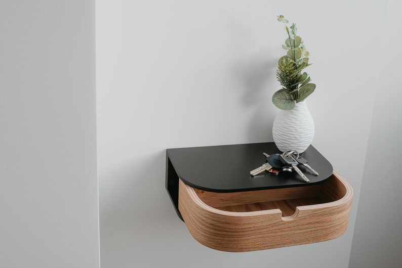 Väggmonterat nattduksbord, Retro flytande konsol i hall, Modern flytande sängbord i trä, Hylla i låda bild 3