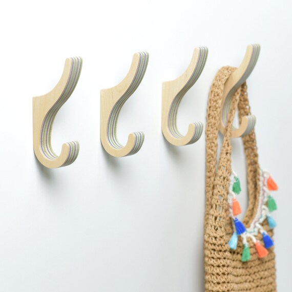 Set of 4 Wooden Mounted Wall Hooks Minimalist Sturdy Hallway Etsy