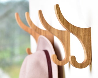 Set of 2 Oak Wood Mounted Single Wall Hooks for Storage Organisation in Scandi Style