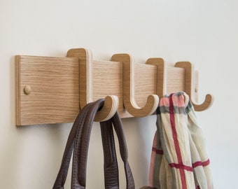 Wooden rack with sliding hooks, Coat and hat rack with removable hooks, Entryway rack