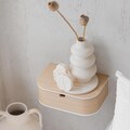 Big mounted bedside wooden nightstand, Single wall floating console drawer, Scandinavian home interior stone shelf