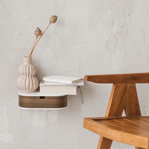 White single floating wooden bedside table shelf drawer, Floating wall nightstand, Minimalist bedside wooden console drawer