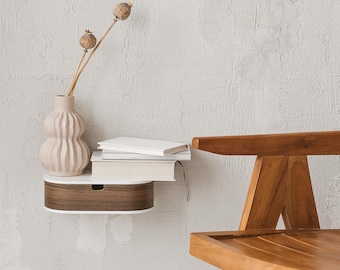 Mesita de noche flotante de madera blanca con cajón individual, mesita de noche flotante de pared, consola minimalista de madera con cajón