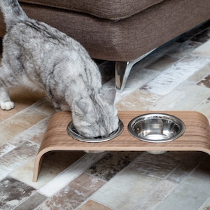 Elevated wooden Food Stand with Two Stainless steel bowls for cats and small dogs - Healthier eating posture with bowls