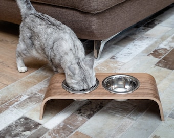 Elevated wooden Food Stand with Two Stainless steel bowls for cats and small dogs - Healthier eating posture with bowls