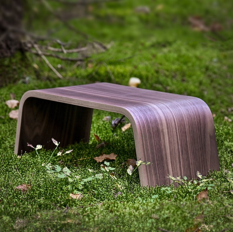 May include: A dark brown wooden stool with a curved design, sitting on a bed of green moss.
