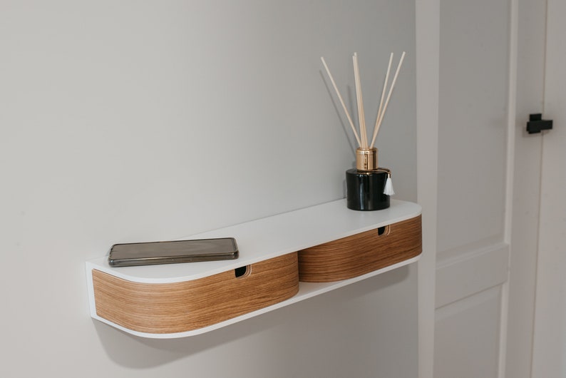 Cajón de consola de madera de cabecera minimalista, Cajón de estante de mesita de noche de madera flotante individual blanco, Mesita de noche de pared flotante DOUBLE DRAWER SHELF