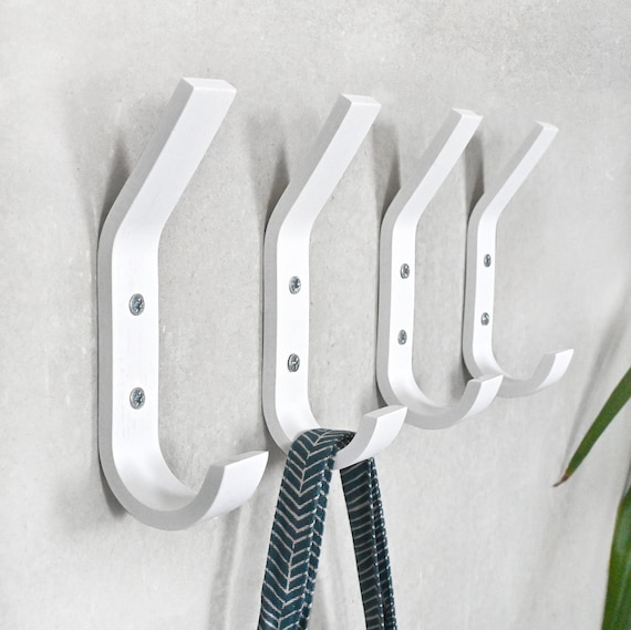 4 White Wooden Hooks, Mounted Wood Wall Hooks, Single Black Hooks