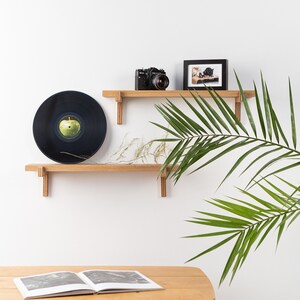 May include: Two wooden shelves with a black vinyl record, a vintage camera, and a framed photo on the top shelf. A green plant is in the background.