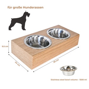 May include: A wooden double dog bowl stand with two stainless steel bowls. The stand is 24 inches wide, 56 inches long, and 9.5 inches high. The bowls are 1500 ml each.