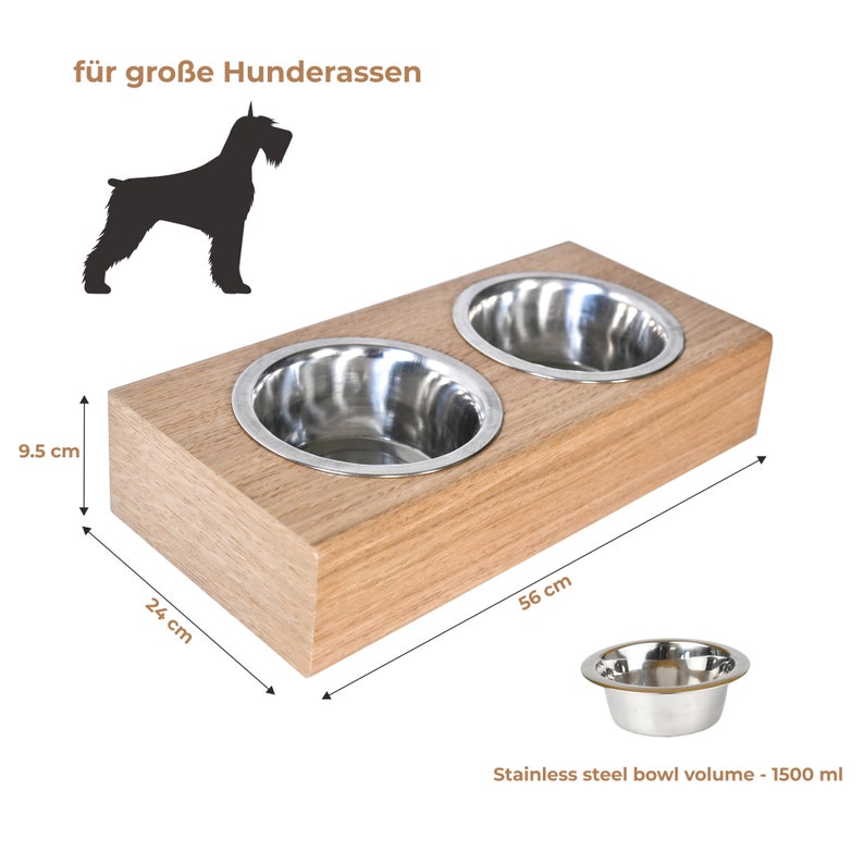 May include: A wooden double dog bowl stand with two stainless steel bowls. The stand is 24 inches wide, 56 inches long, and 9.5 inches high. The bowls are 1500 ml each.