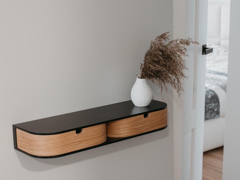 Entryway retro floating console, Modern floating wooden bedside table shelf drawer, Mounted wall nightstand image 1