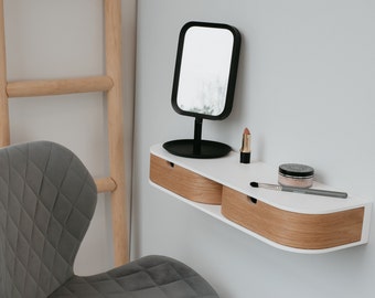 Minimalistische nachtkastje houten console lade, witte enkele zwevende houten nachtkastje plank lade, zwevende muur nachtkastje