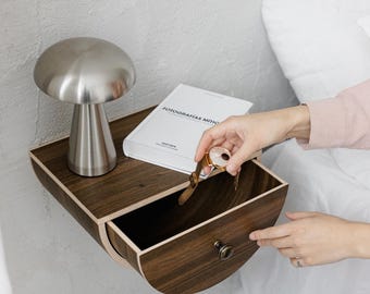 Wooden minimalist wall drawer shelf, Bedroom nightstand drawer, Bedside night table, Curved mounted wall console
