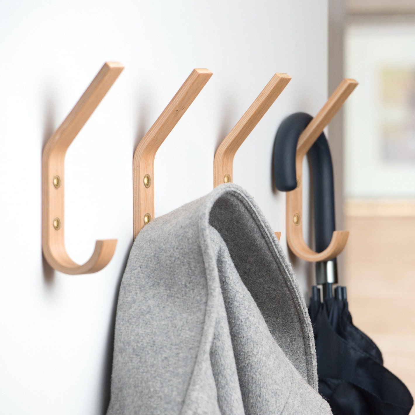 Set of 4 Wooden Mounted Single Wall Hooks for Storage Organisation