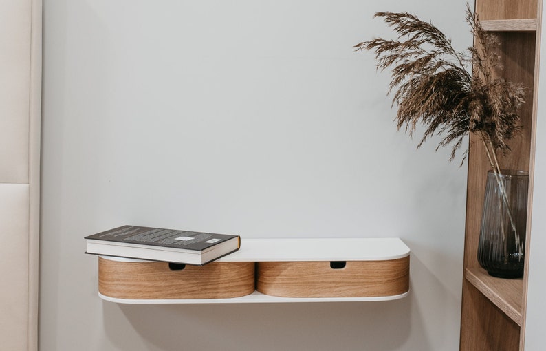 Cajón de consola de madera de cabecera minimalista, Cajón de estante de mesita de noche de madera flotante individual blanco, Mesita de noche de pared flotante imagen 4