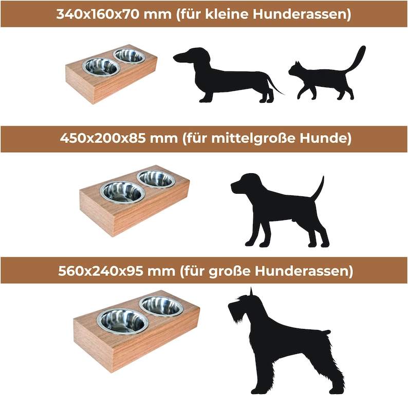 May include: Two stainless steel dog bowls on a wooden stand. The stand is 14 inches long, 6 inches wide, and 3 inches tall. The bowls are 5 inches in diameter. The stand is made of natural wood and has a light brown finish.