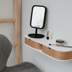 Tavolo da trucco a parete sospeso, console cosmetica per donna, mensola a muro per cabina armadio, mobile per il trucco in legno, mensole con cassetti a muro immagine 2