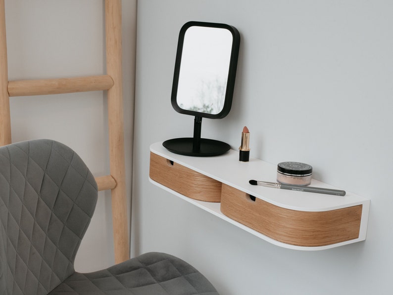 Tavolo da trucco a parete sospeso, console cosmetica per donna, mensola a muro per cabina armadio, mobile per il trucco in legno, mensole con cassetti a muro immagine 2