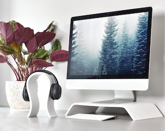Handcrafted Wooden Monitor Stand and Headphone Holder Set