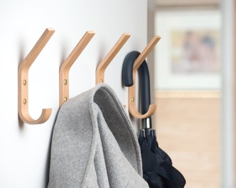 Set of 4 Wooden Mounted Single Wall Hooks for Storage Organisation in Scandi Style