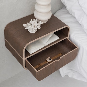 Bedroom minimalist wall mounted nightstand, Floating oak shelf console, Wooden bedside night table drawer