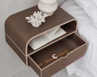Bedroom minimalist wall mounted nightstand, Floating oak shelf console, Wooden bedside night table drawer