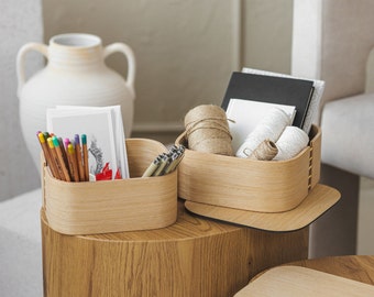 Wooden Storage Boxes with Lid: Oak Home Organization Decor, Set of 2