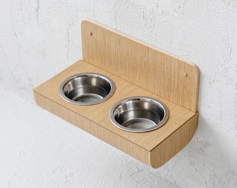 Oak Veneer Wall Mounted Dog Feeder, Elevated Pet Station, Stainless Steel Bowls