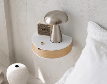 Floating Nightstand with Drawer, Rounded Wood Wall Shelf, Modern Bedside Table