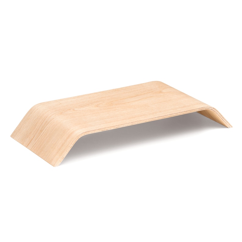 May include: A natural wood laptop stand with a curved design. The stand is made of light wood and has a smooth finish.